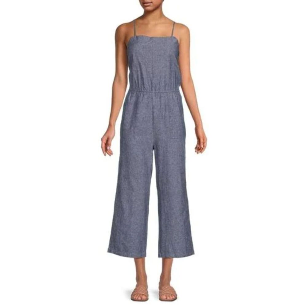 NWT Saks Fifth Avenue Blue Linen Cotton Crop Jumpsuit Navy Blue Cross Women’s XL